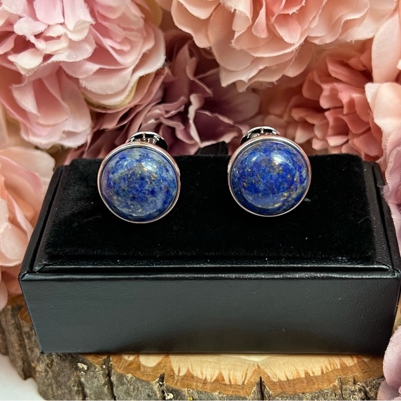 Elegant Round Blue Lapis Lazuli Cufflinks - Picture 4 of 17
